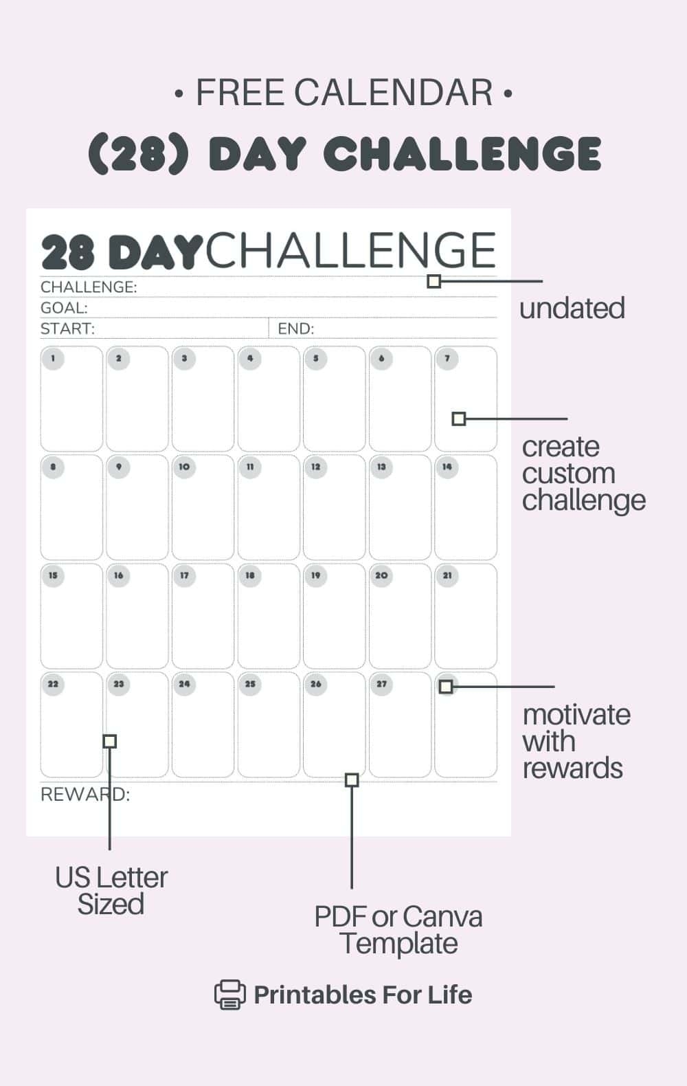FREE 28 Day Challenge Calendar Printable FREE 28 Day Challenge Calendar Printable
