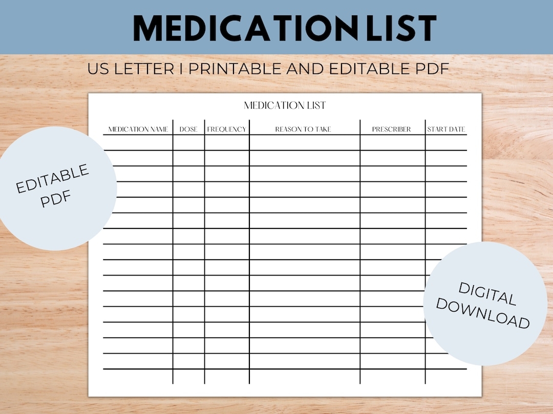 Medication List Printable Fillable PDF Etsy Digital Download Printable Medicine Chart Etsy