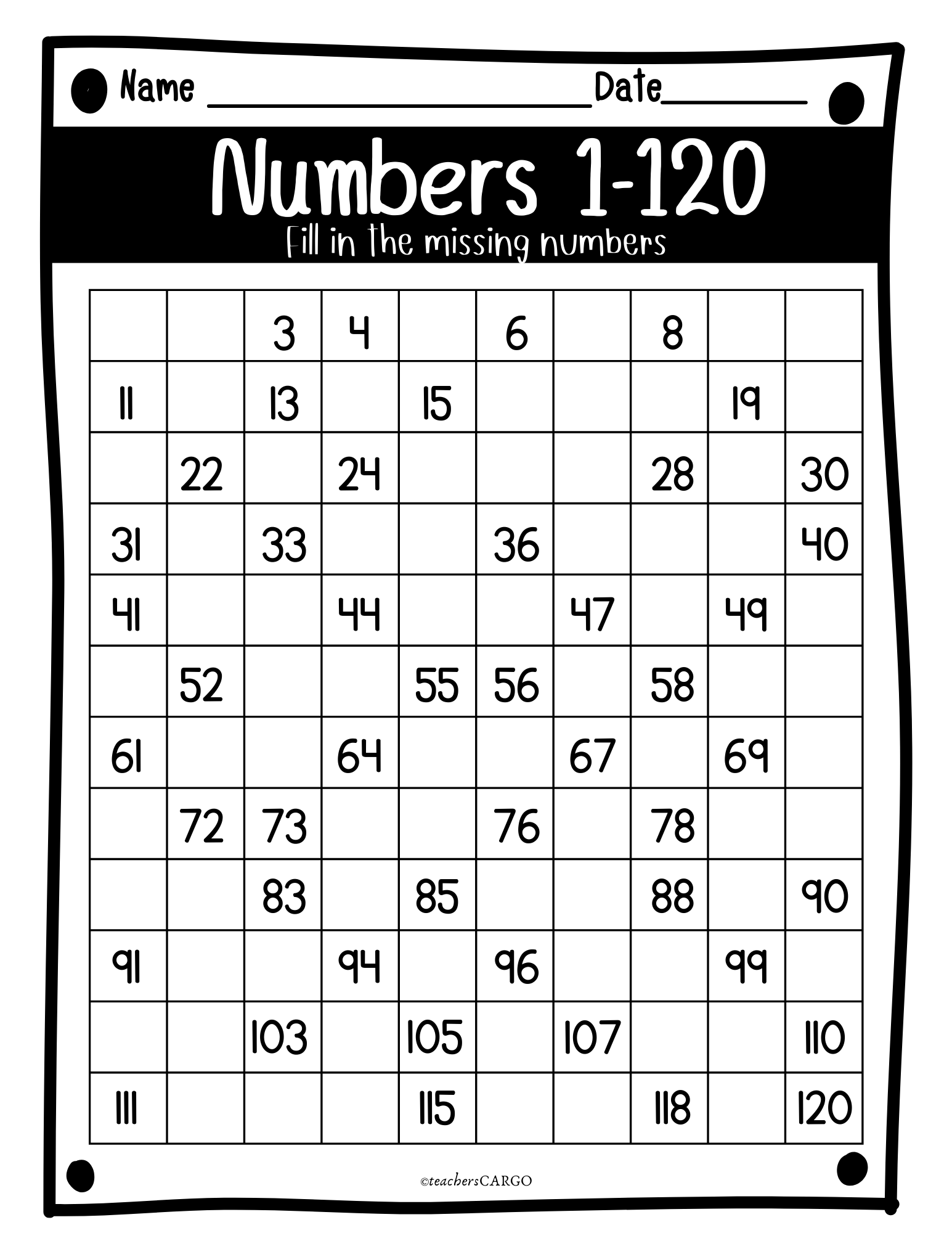 Missing Numbers To 120 Counting To 120 Worksheets 50s 100s 120 Chart Made By Teachers