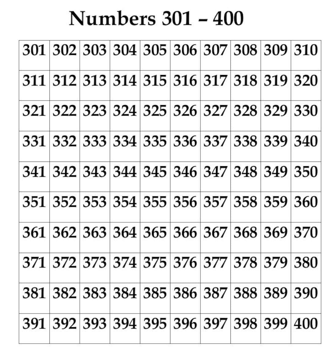 Numbers 301 400 Chart Numbers And Counting Instant Download Etsy