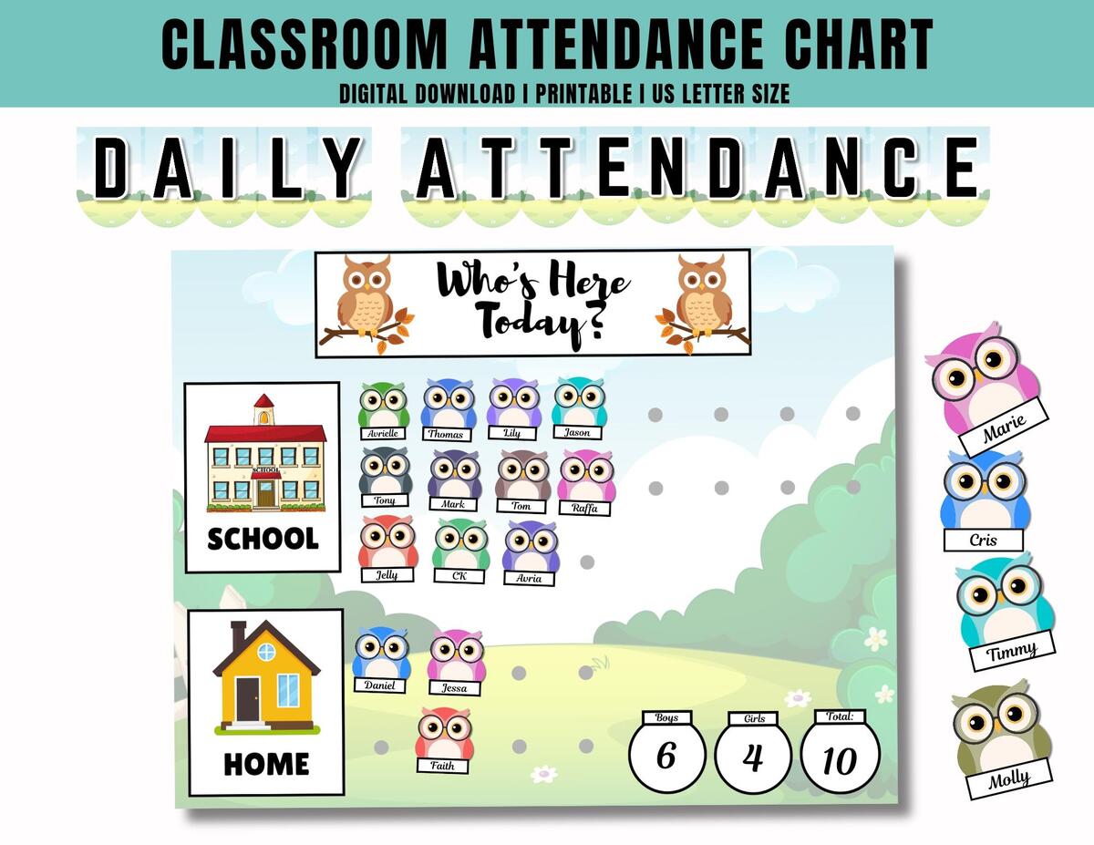 Owl Themed Attendance Chart Bulletin Board Daily Attendance Chart L Editable In Powerpoint L Elementary Attendance Board For Grades K 6 Etsy