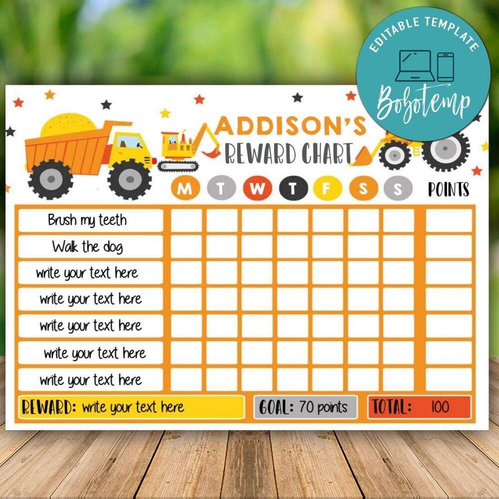 Printable Construction Reward Chart Instant Download Bobotemp