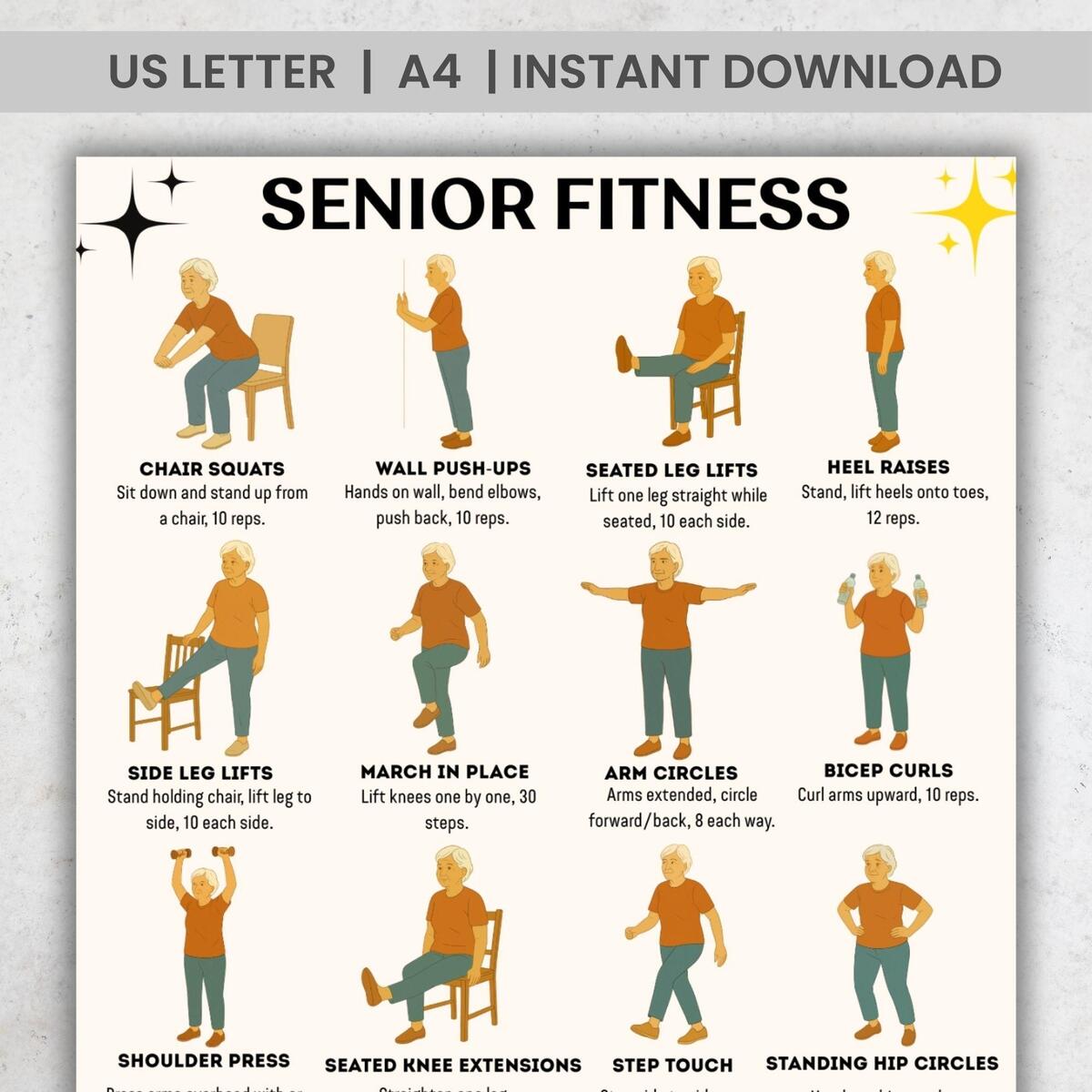 Senior Fitness Printable PDF 16 Easy Chair Standing Exercises For Seniors Gentle Mobility Strength Workout Chart Etsy Senior Fitness Printable PDF 16 Easy Chair Standing Exercises For Seniors Gentle Mobility Strength Workout Chart Etsy