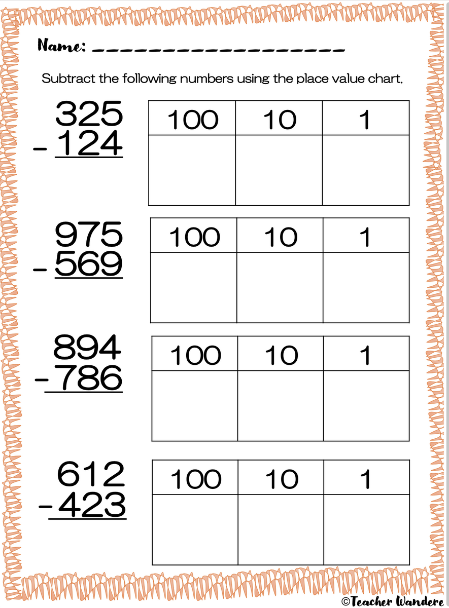 Three Digit Subtraction With Place Value Chart Made By Teachers